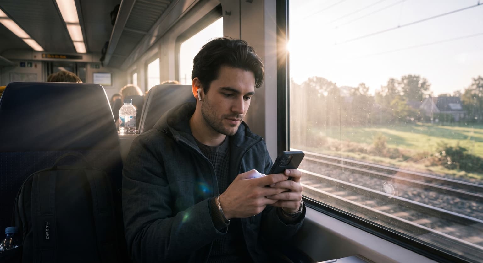 Man in de trein die op zijn telefoon oefent