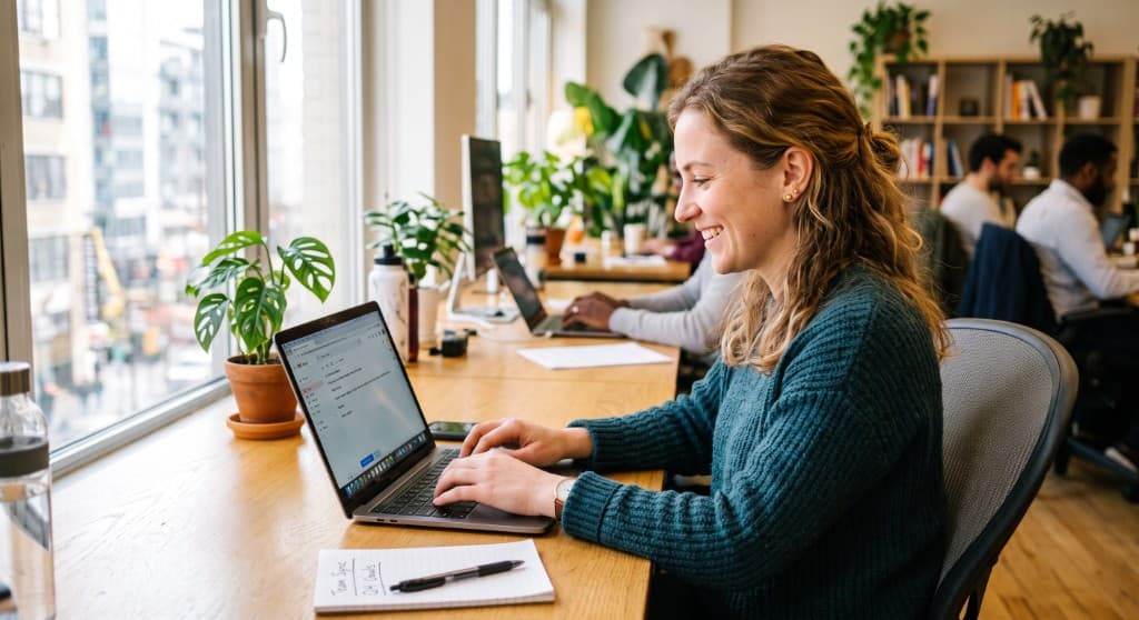 Een lachende vrouw beantwoordt vragen op haar laptop in een licht kantoor